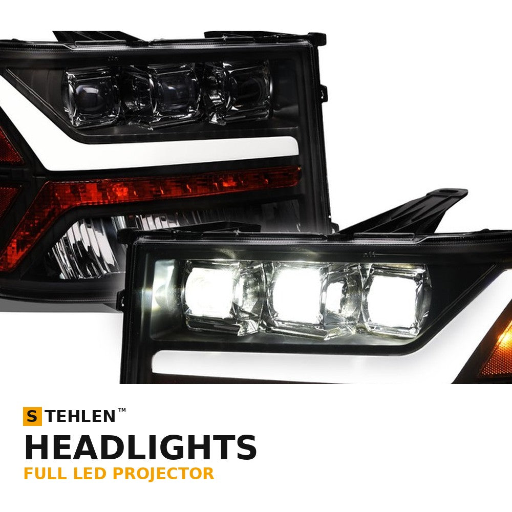 2007-2013 GMC Sierra 1500 & 2007-2014 2500/3500 HD Full LED Projector Headlights — Black w/ Amber