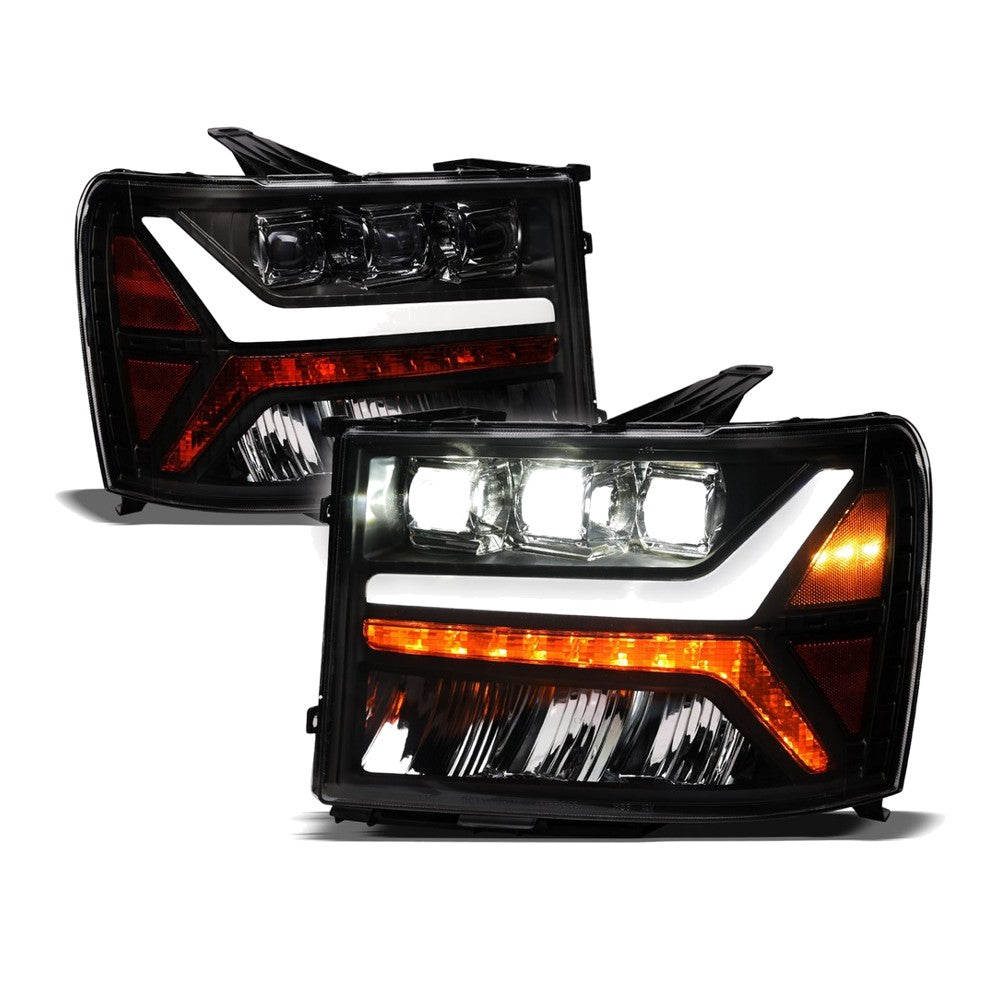 2007-2013 GMC Sierra 1500 & 2007-2014 2500/3500 HD Full LED Projector Headlights — Black w/ Amber — product view