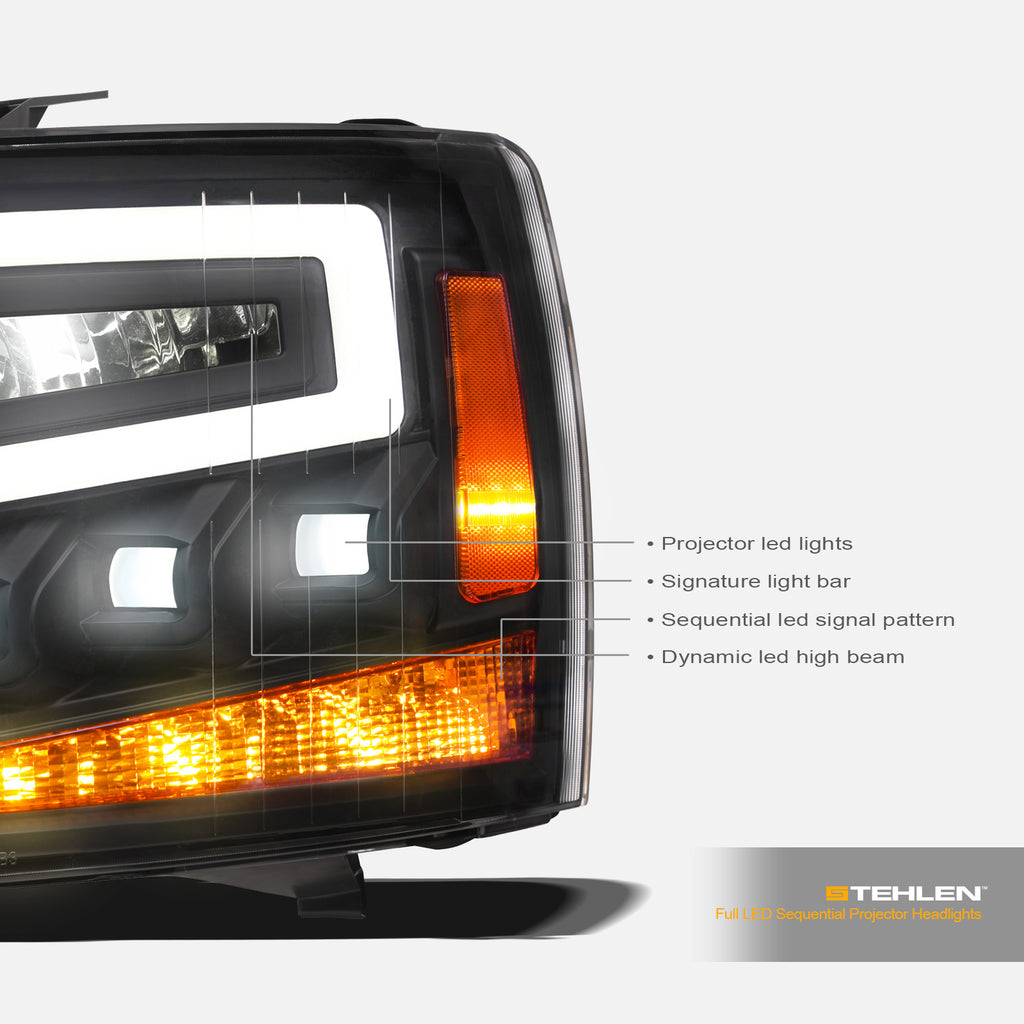 2007-2014 Chevrolet Silverado Full LED Projector Headlights w/Amber - Black