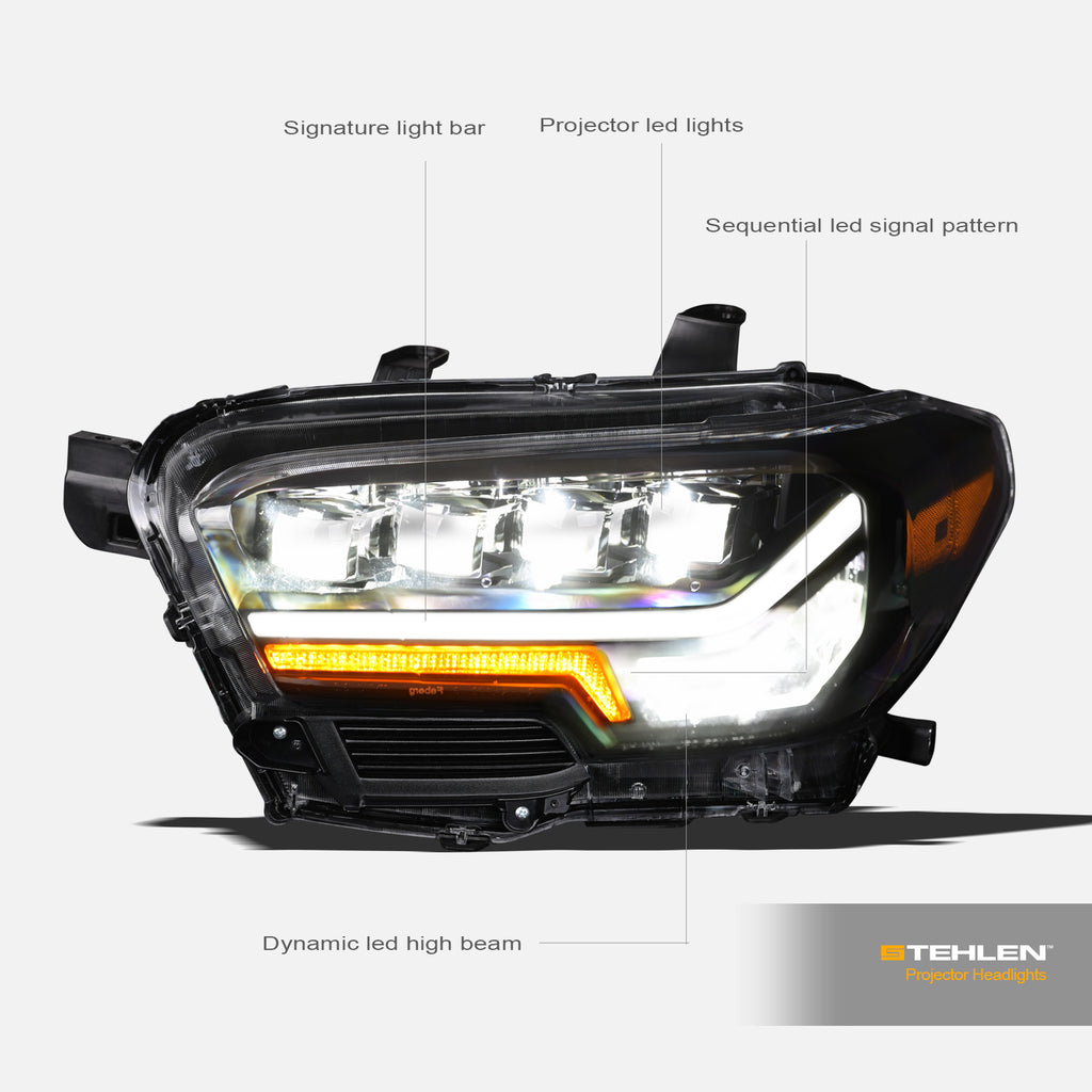2016-2023 Toyota Tacoma Full LED Projector Headlights Amber - Black