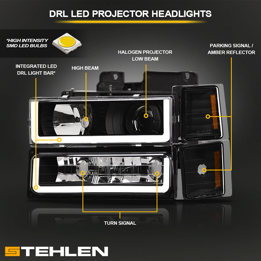1994-2000 Chevrolet C/K Series Projector Headlights 8PC Set - Black