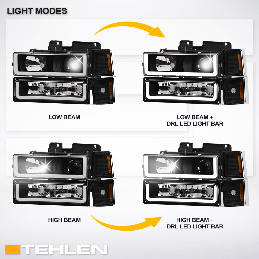 1994-2000 Chevrolet C/K Series Projector Headlights 8PC Set - Black