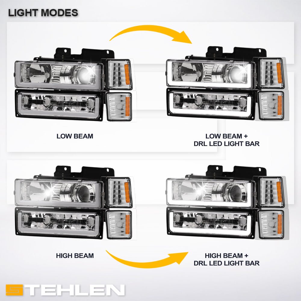 1994-2000 Chevrolet C/K Series Projector Headlights 8PC Set - Chrome