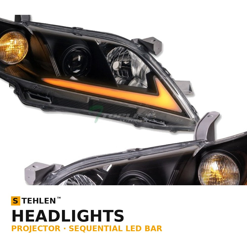 2007-2009 Toyota Camry Projector Headlights w/ Sequential LED Bar — Black