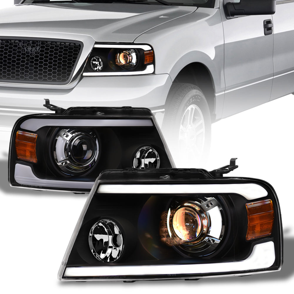04-08 Ford F-150 LED Projector Headlights Black w/ Amber Light Bar