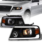 04-08 Ford F-150 LED Projector Headlights Black w/ Amber Light Bar
