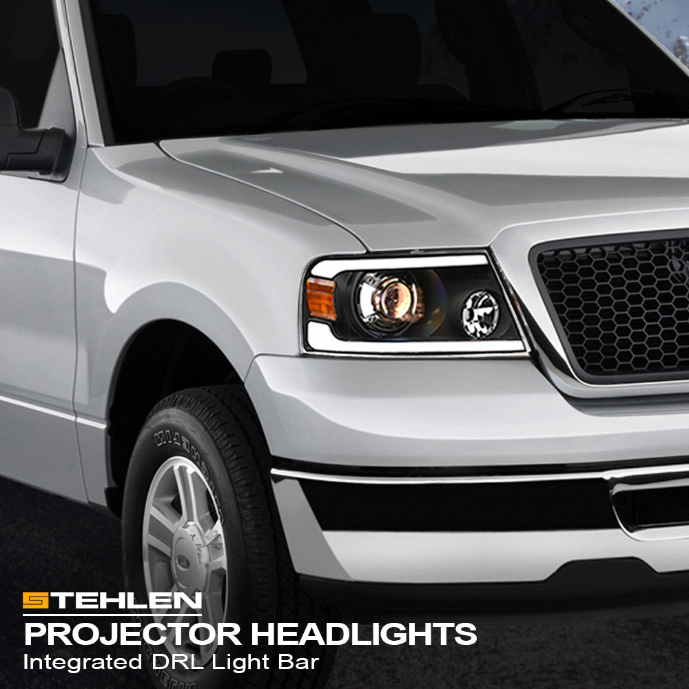 04-08 Ford F-150 LED Projector Headlights Black w/ Amber Light Bar