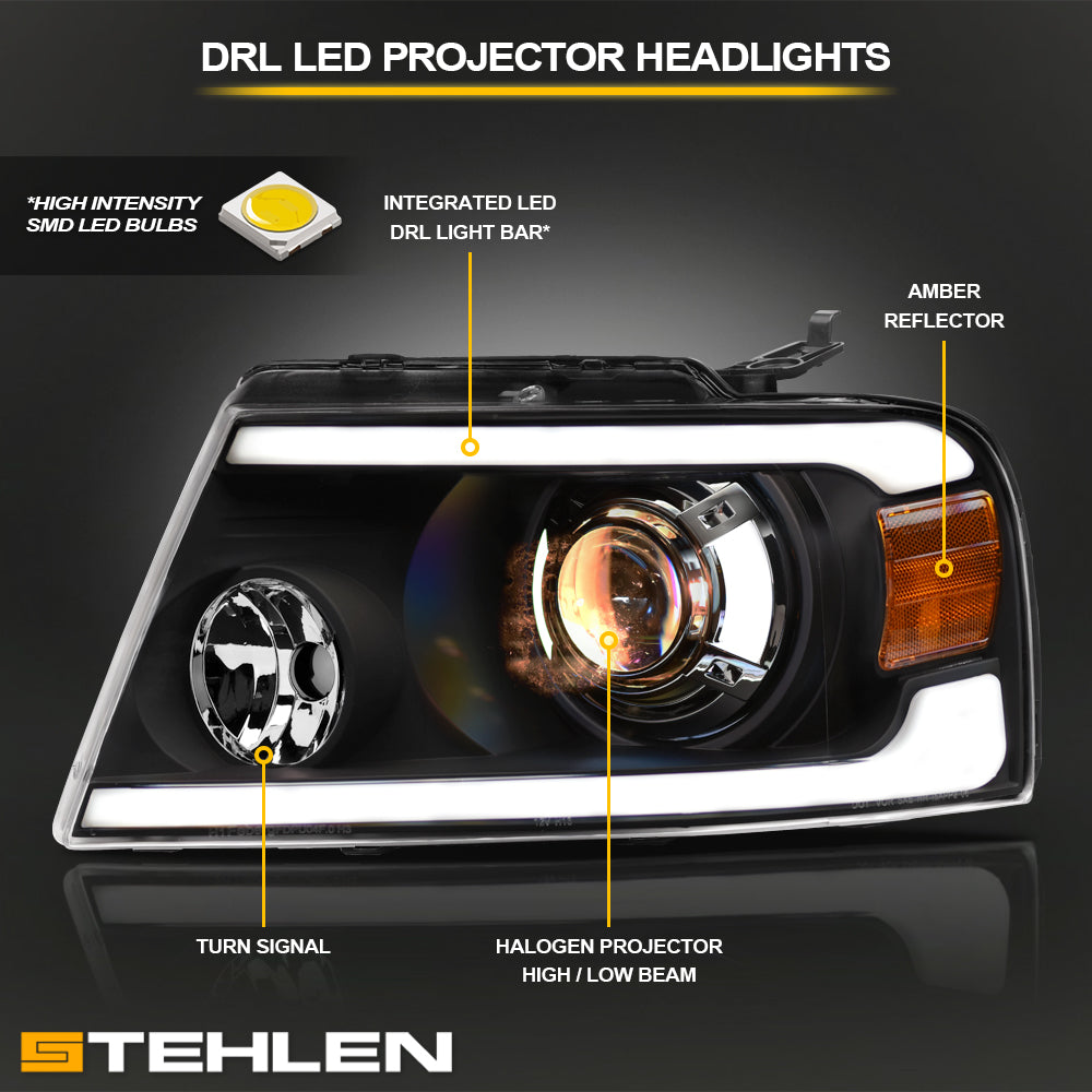 04-08 Ford F-150 LED Projector Headlights Black w/ Amber Light Bar
