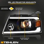 04-08 Ford F-150 LED Projector Headlights Black w/ Amber Light Bar