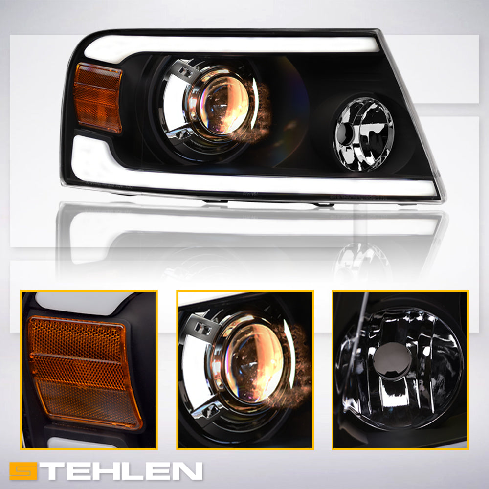 04-08 Ford F-150 LED Projector Headlights Black w/ Amber Light Bar