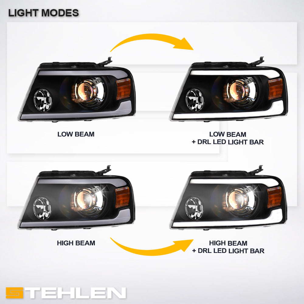 04-08 Ford F-150 LED Projector Headlights Black w/ Amber Light Bar