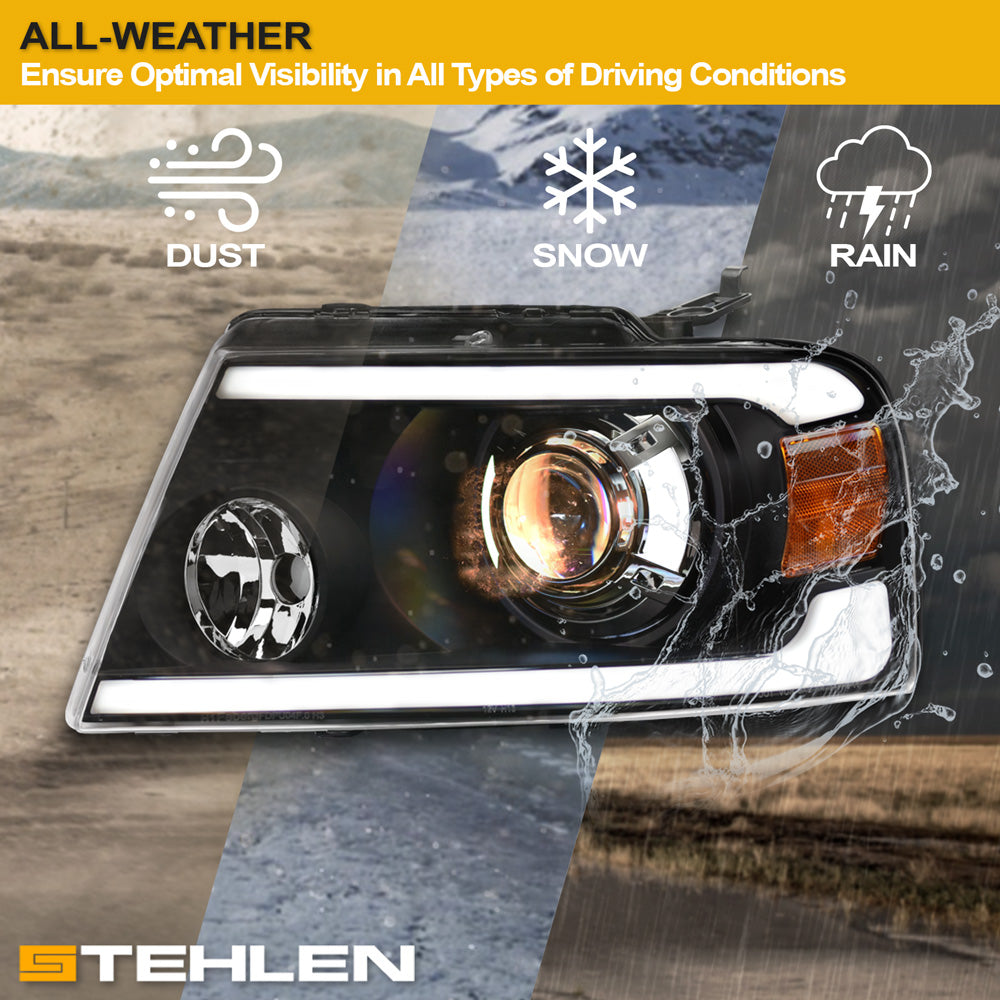 04-08 Ford F-150 LED Projector Headlights Black w/ Amber Light Bar
