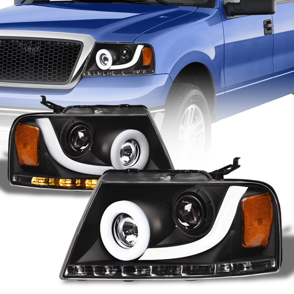 04-08 Ford F-150 LED Halo Projector Headlights Black - FDPU04B1.06