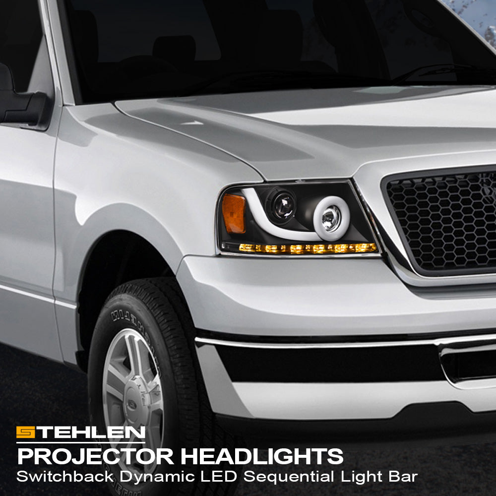 04-08 Ford F-150 LED Halo Projector Headlights Black - FDPU04B1.06