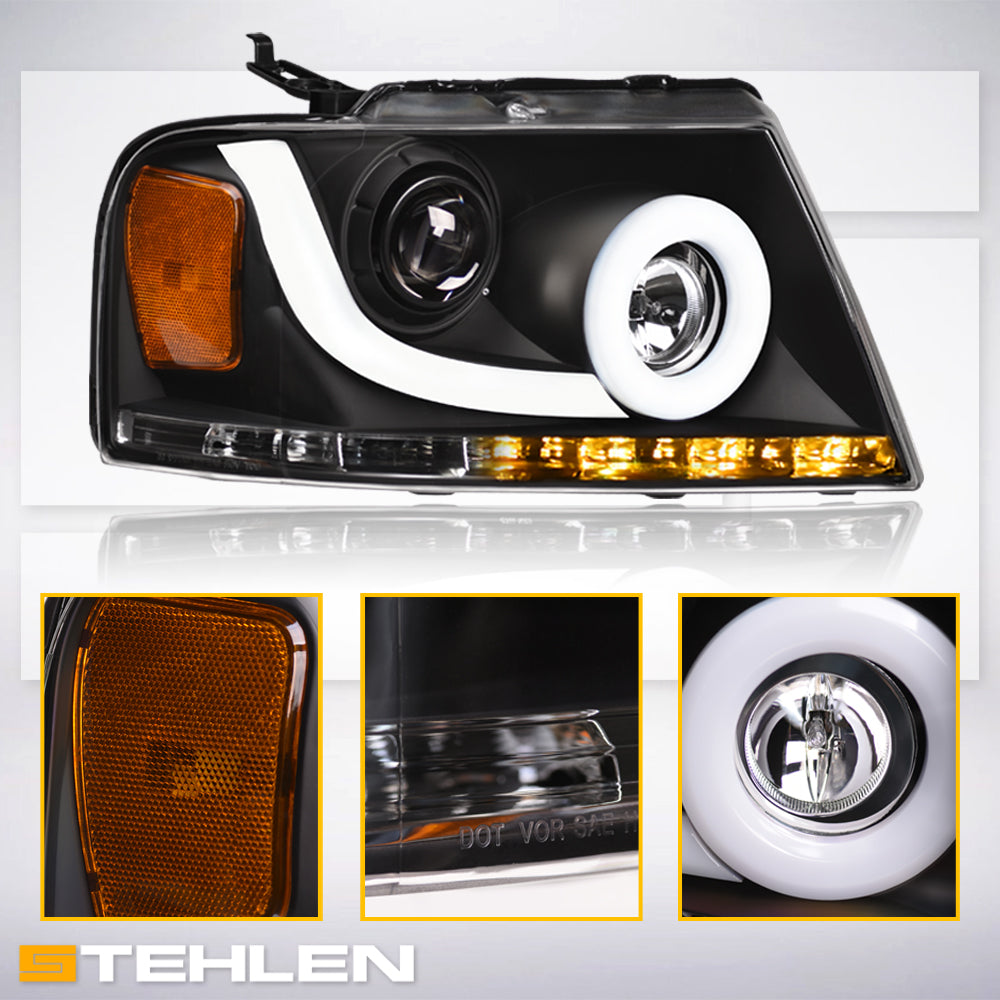 04-08 Ford F-150 LED Halo Projector Headlights Black - FDPU04B1.06