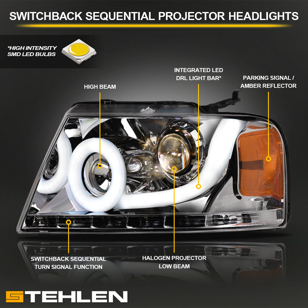 04-08 Ford F-150 LED Halo Projector Headlights Chrome - FDPU04B1