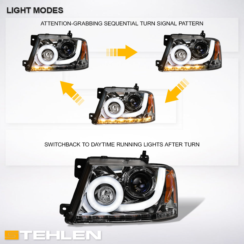 04-08 Ford F-150 LED Halo Projector Headlights Chrome - FDPU04B1