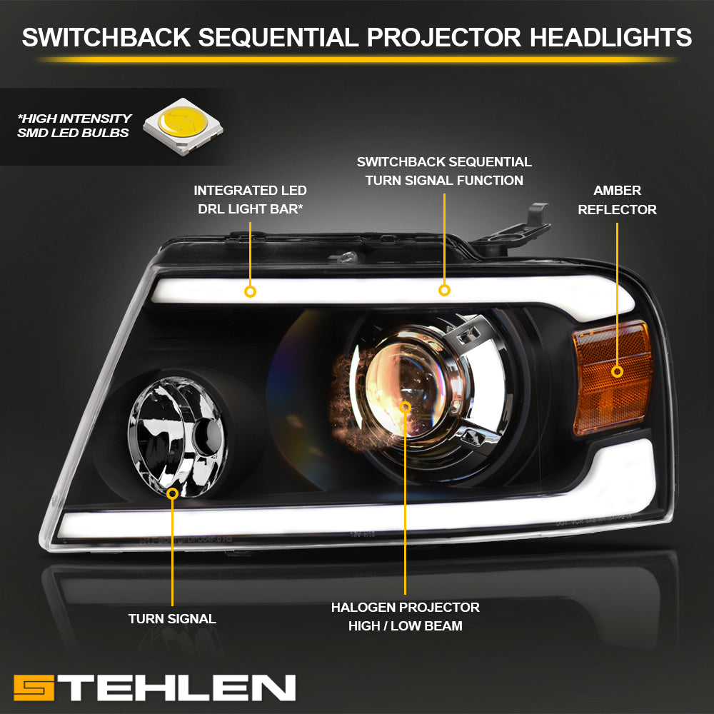 04-08 Ford F-150 Projector Headlights Sequential LED - Black