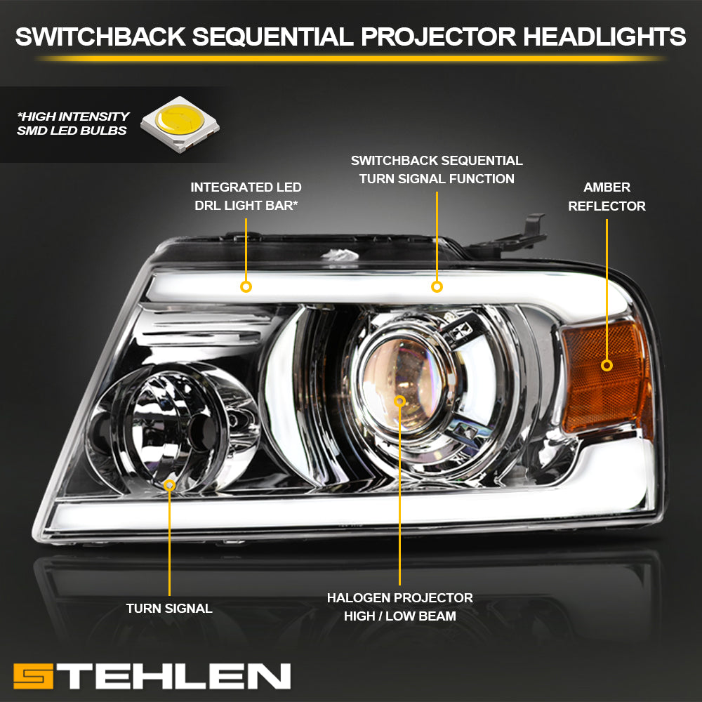 04-08 Ford F-150 Projector Headlights Sequential LED Chrome