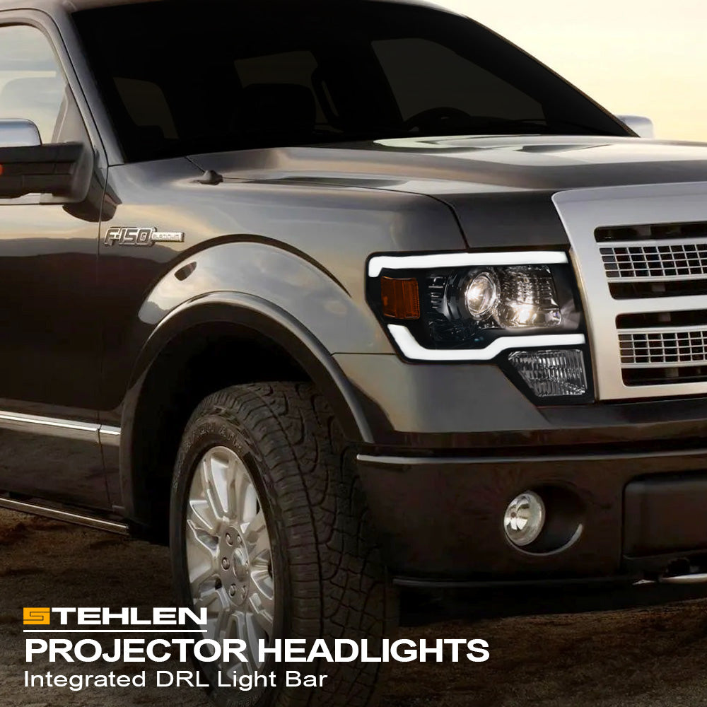 09-14 Ford F-150 LED Projector Headlights Black w/ Amber Light Bar