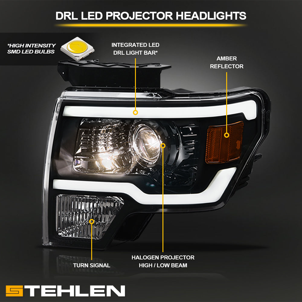 09-14 Ford F-150 LED Projector Headlights Black w/ Amber Light Bar