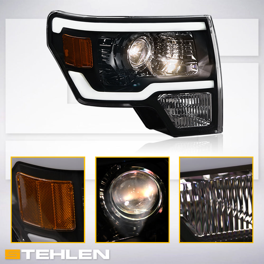 09-14 Ford F-150 LED Projector Headlights Black w/ Amber Light Bar