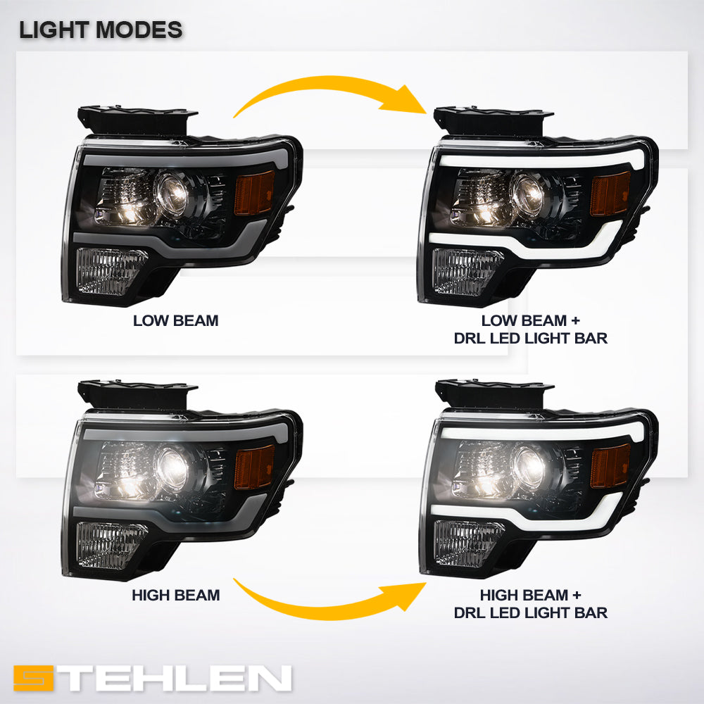 09-14 Ford F-150 LED Projector Headlights Black w/ Amber Light Bar