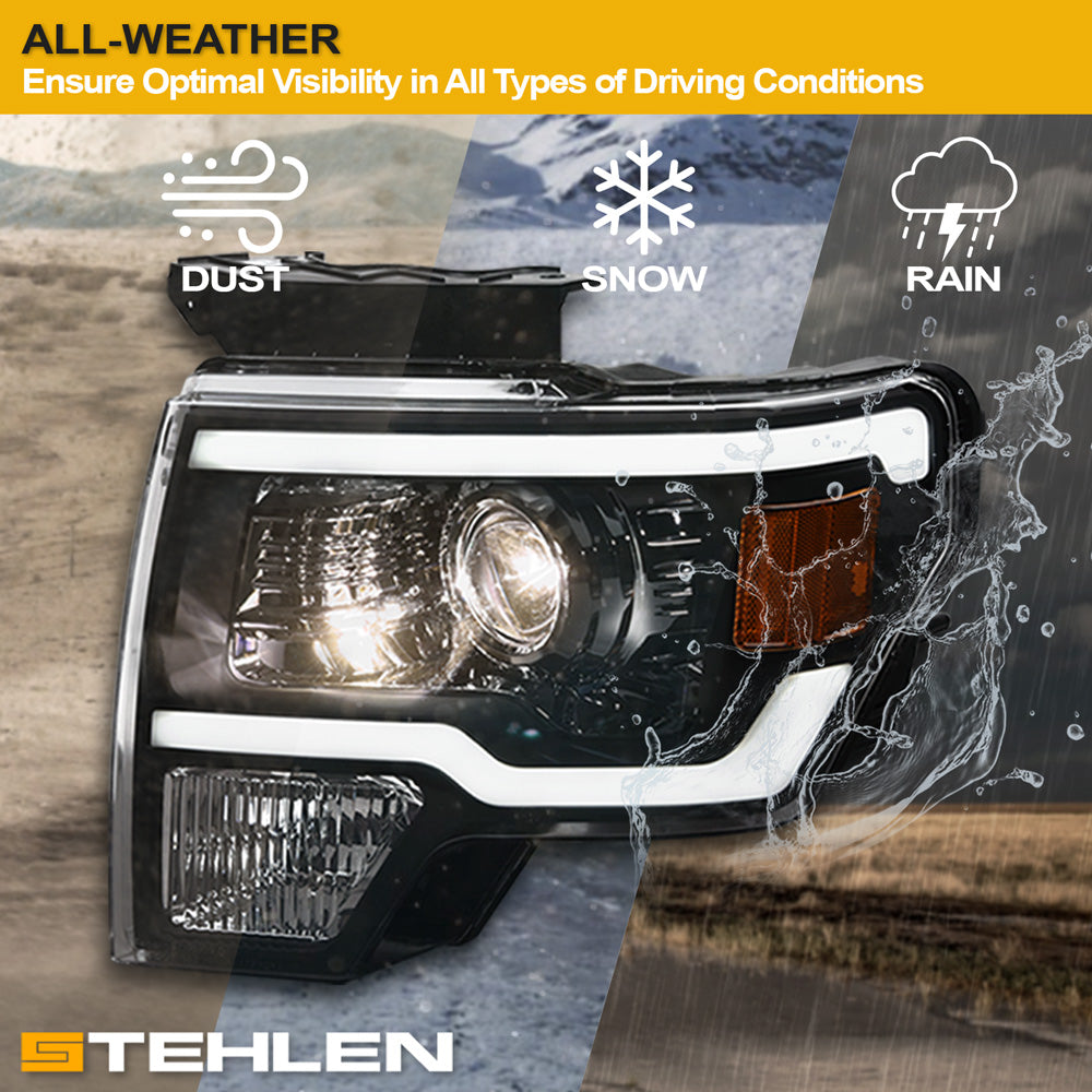 09-14 Ford F-150 LED Projector Headlights Black w/ Amber Light Bar