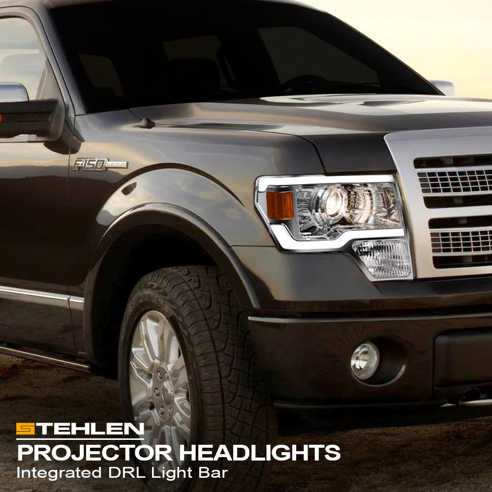 09-14 Ford F-150 Chrome LED Projector Headlights w/ Amber Light Bar