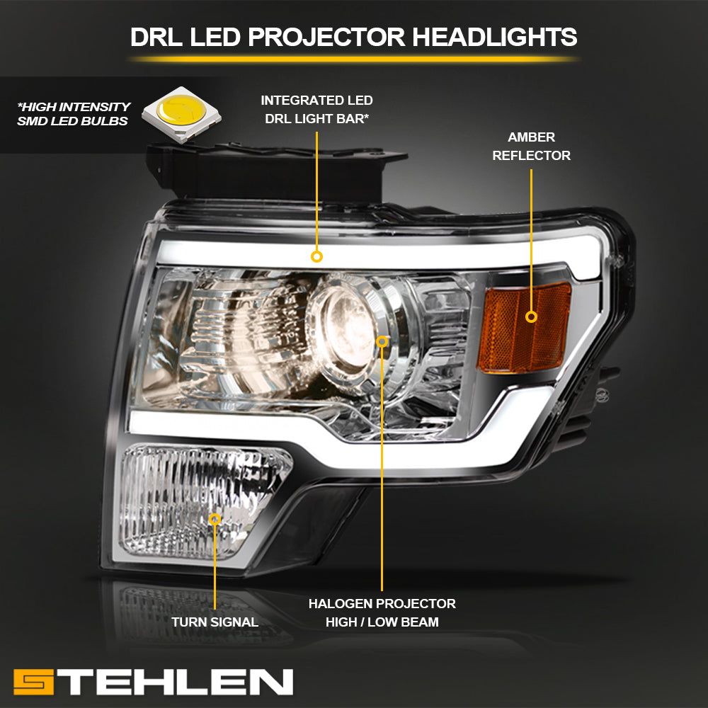 09-14 Ford F-150 Chrome LED Projector Headlights w/ Amber Light Bar