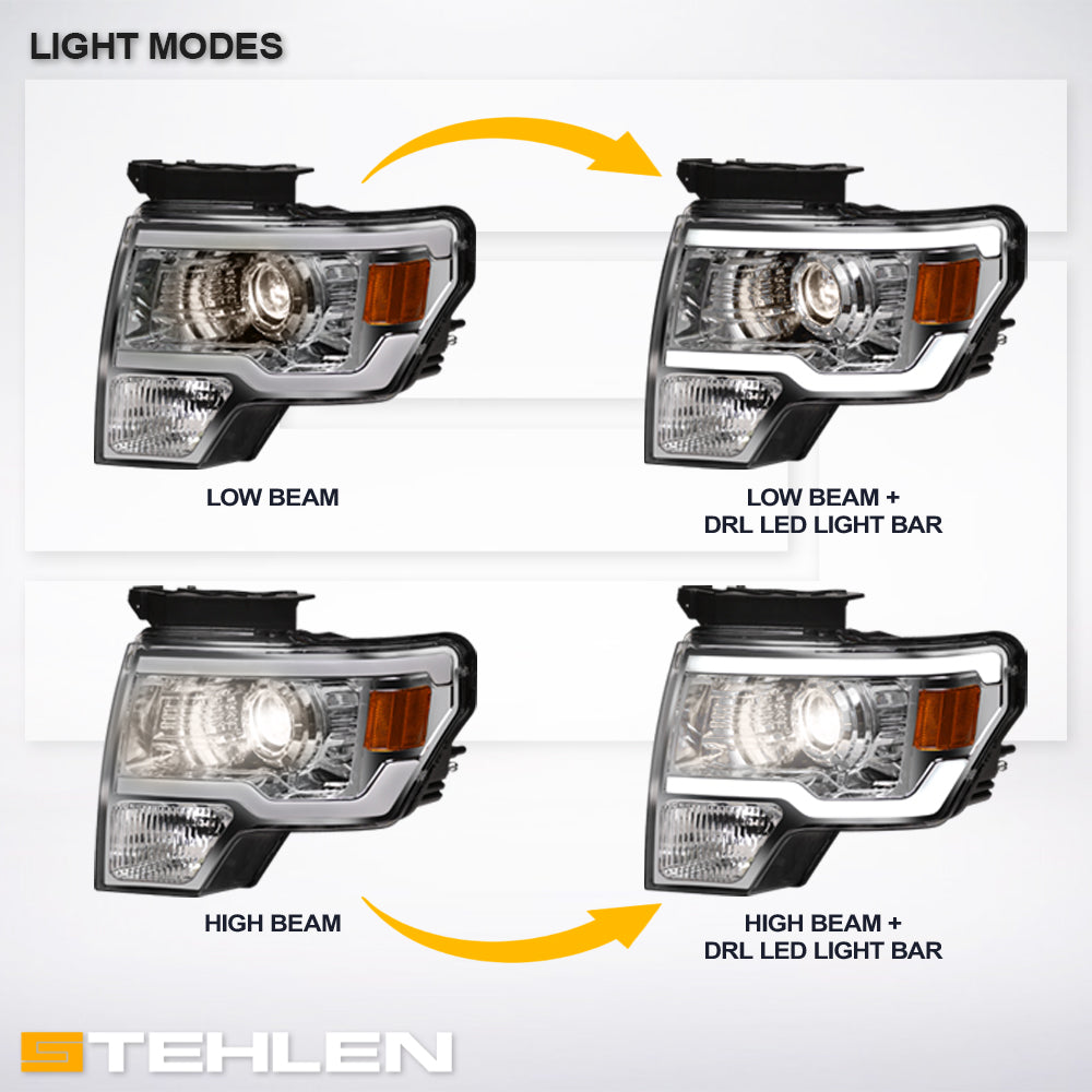 09-14 Ford F-150 Chrome LED Projector Headlights w/ Amber Light Bar