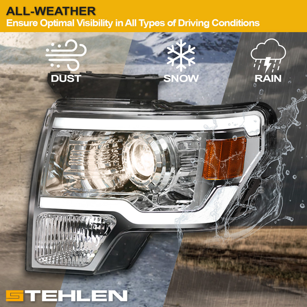 09-14 Ford F-150 Chrome LED Projector Headlights w/ Amber Light Bar