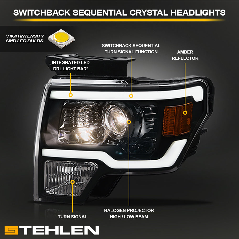 09-14 Ford F-150 Black Projector Headlights Sequential LED - FDPU09DS.06