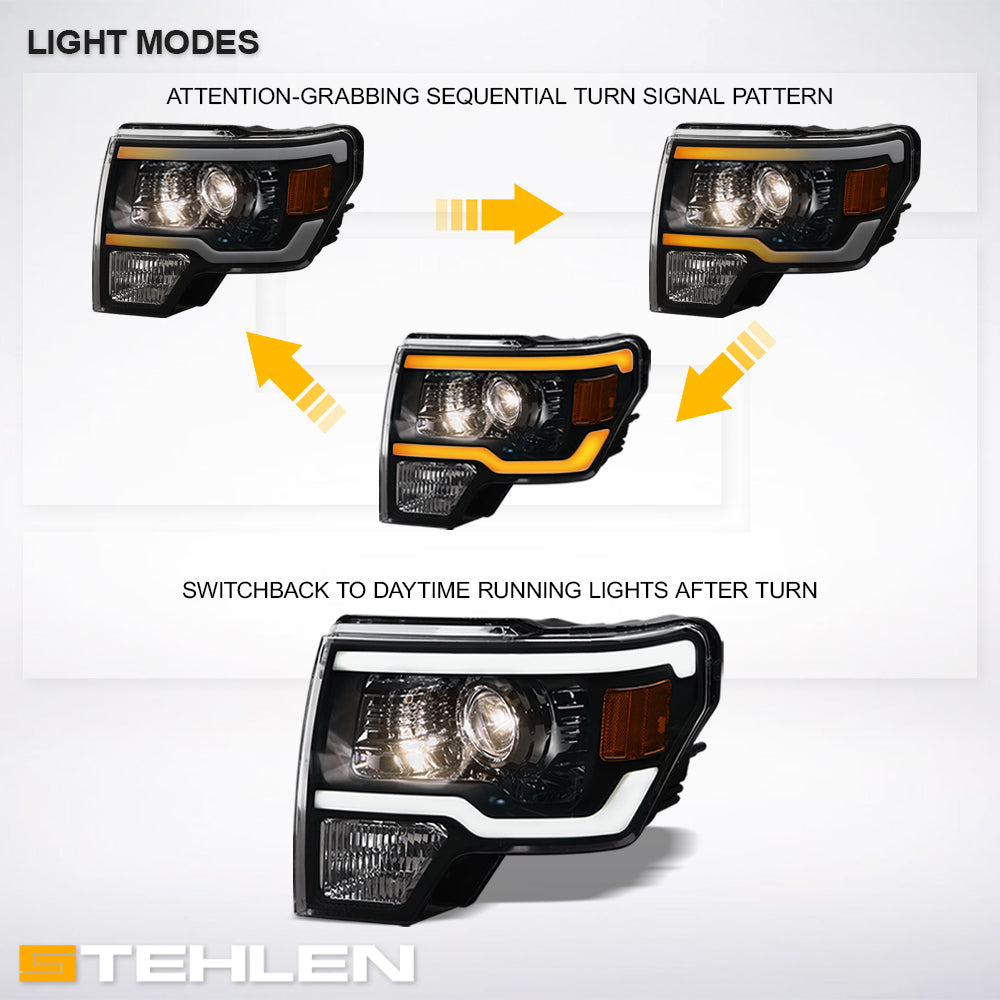 09-14 Ford F-150 Black Projector Headlights Sequential LED - FDPU09DS.06