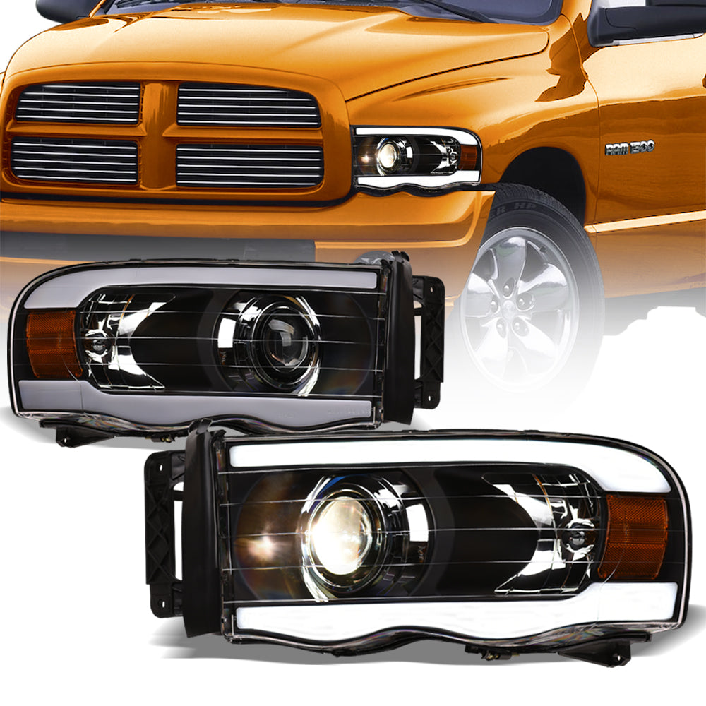 02-05 Dodge Ram Projector Headlights w/ LED Light Bar - Black