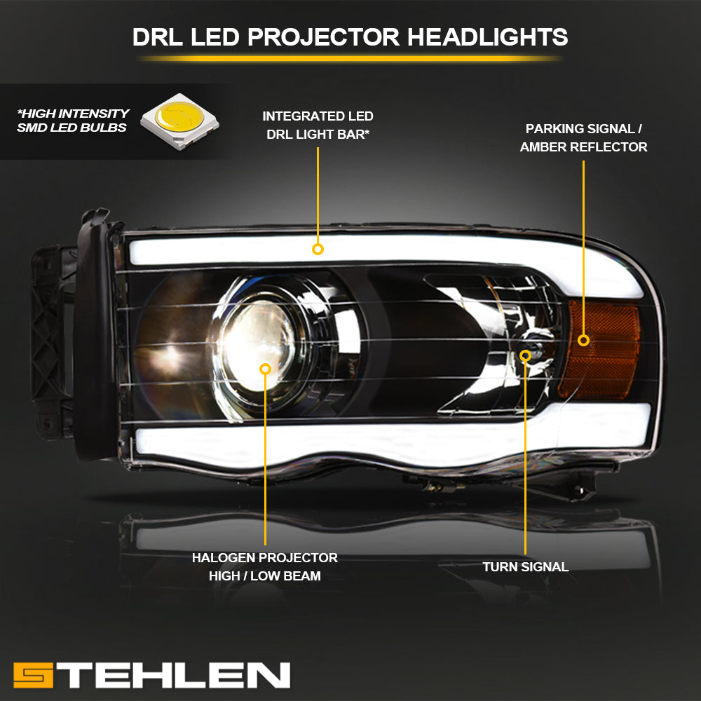 02-05 Dodge Ram Projector Headlights w/ LED Light Bar - Black