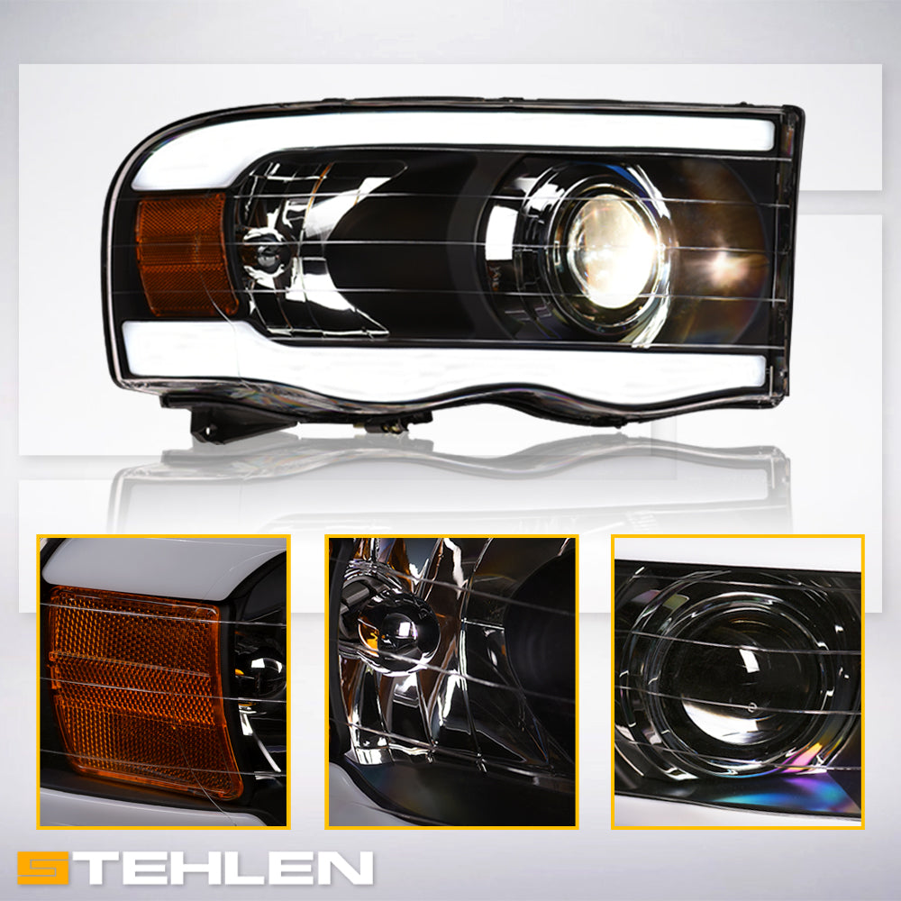 02-05 Dodge Ram Projector Headlights w/ LED Light Bar - Black