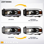 02-05 Dodge Ram Projector Headlights w/ LED Light Bar - Black