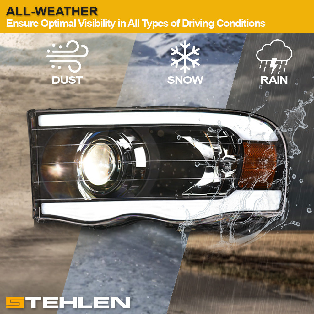 02-05 Dodge Ram Projector Headlights w/ LED Light Bar - Black