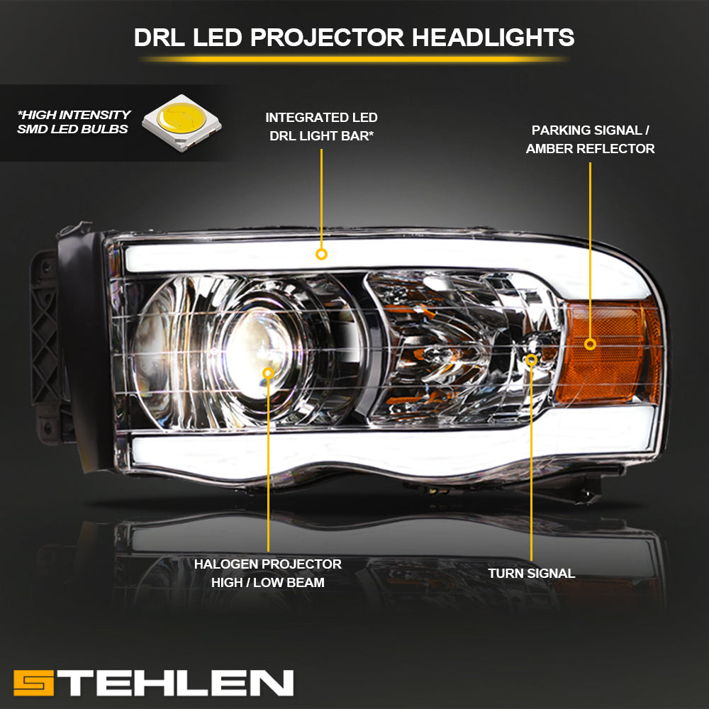 02-05 Dodge Ram Chrome Projector Headlights w/ LED Light Bar