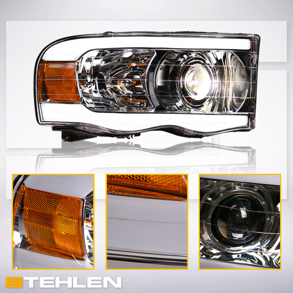 02-05 Dodge Ram Chrome Projector Headlights w/ LED Light Bar