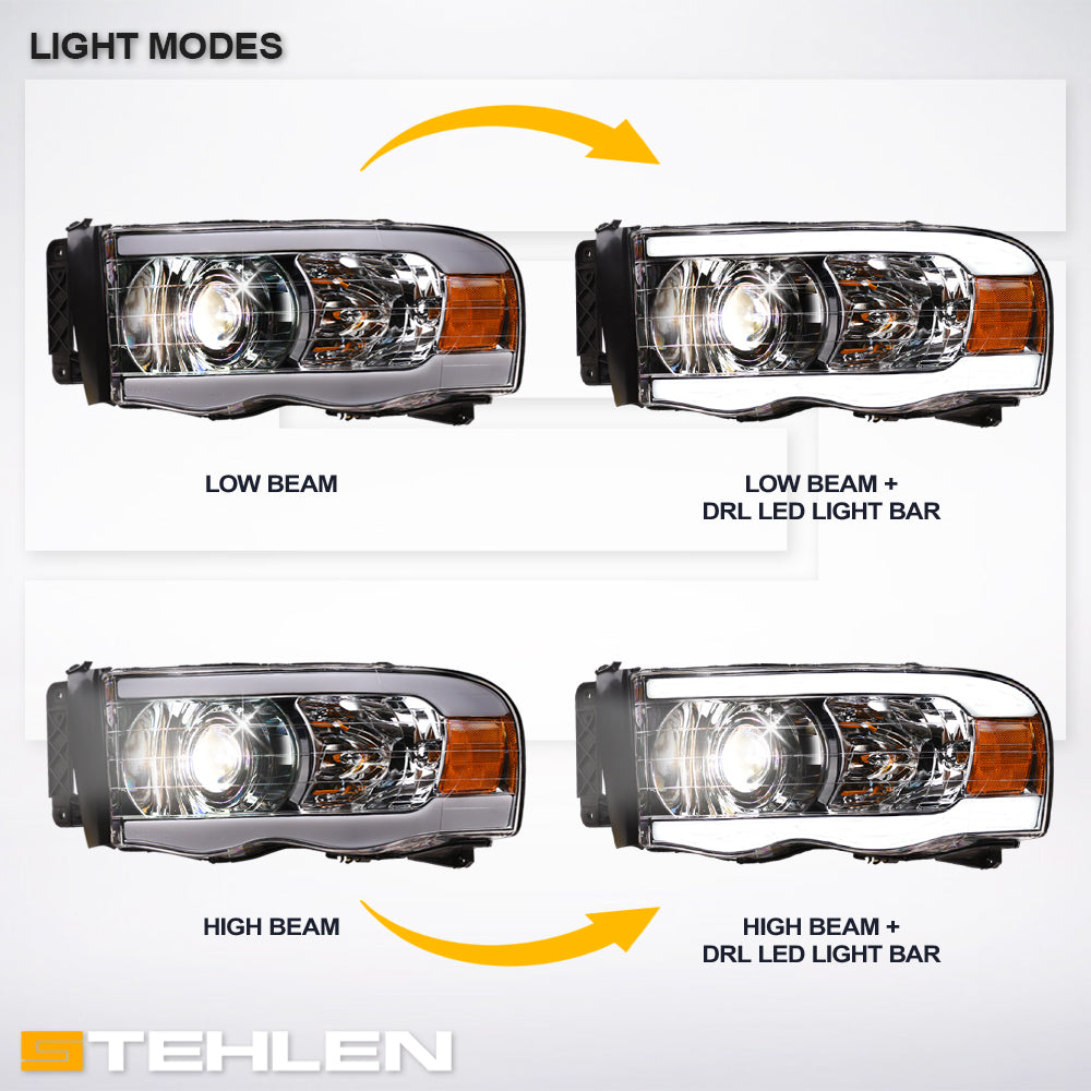 02-05 Dodge Ram Chrome Projector Headlights w/ LED Light Bar