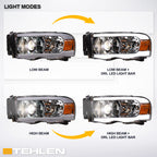 02-05 Dodge Ram Chrome Projector Headlights w/ LED Light Bar