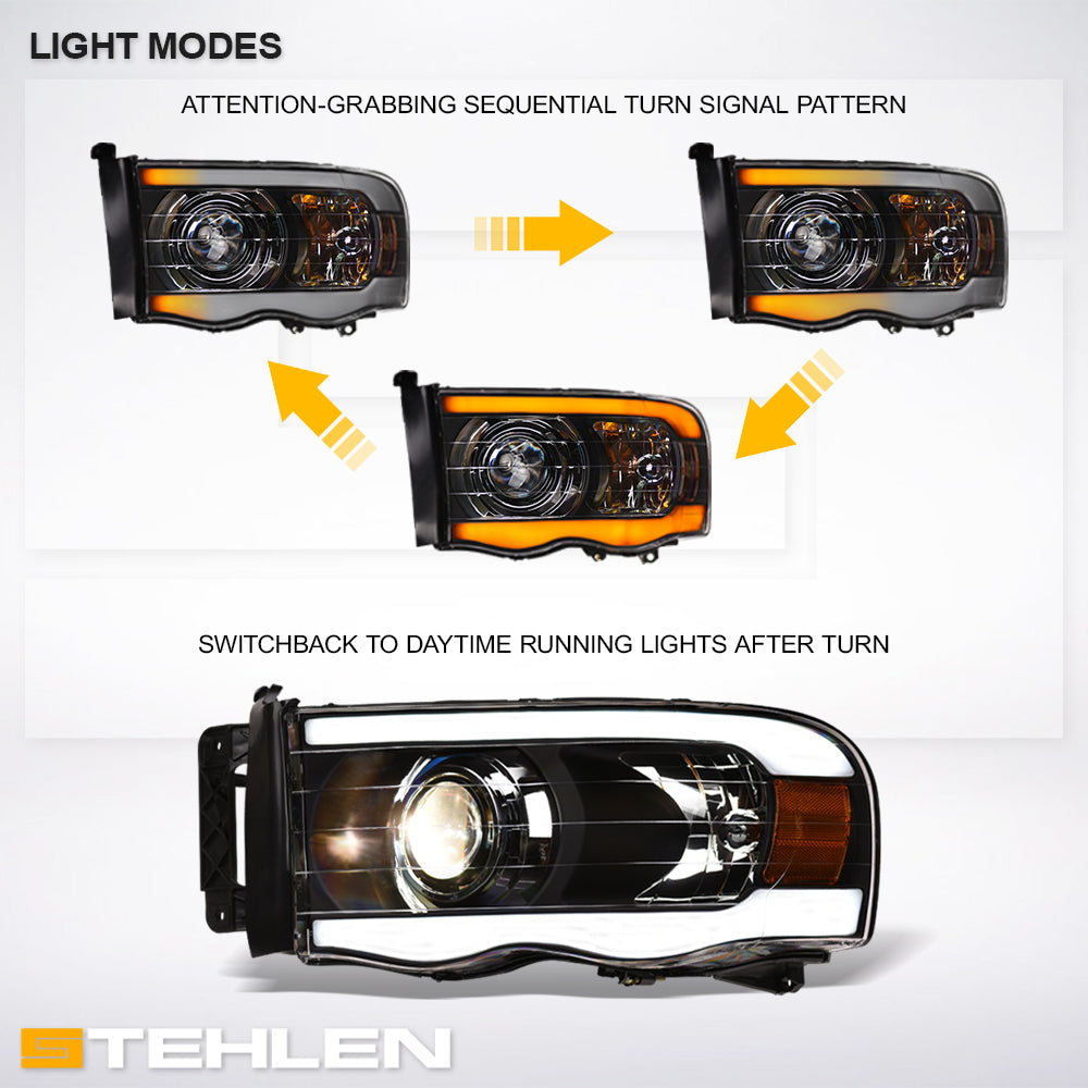 02-05 Dodge Ram Projector Headlights Sequential LED Turn Signal - Black