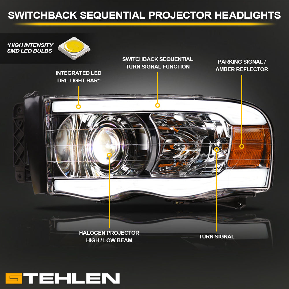 02-05 Dodge Ram Projector Headlights Sequential LED Turn Signal Chrome