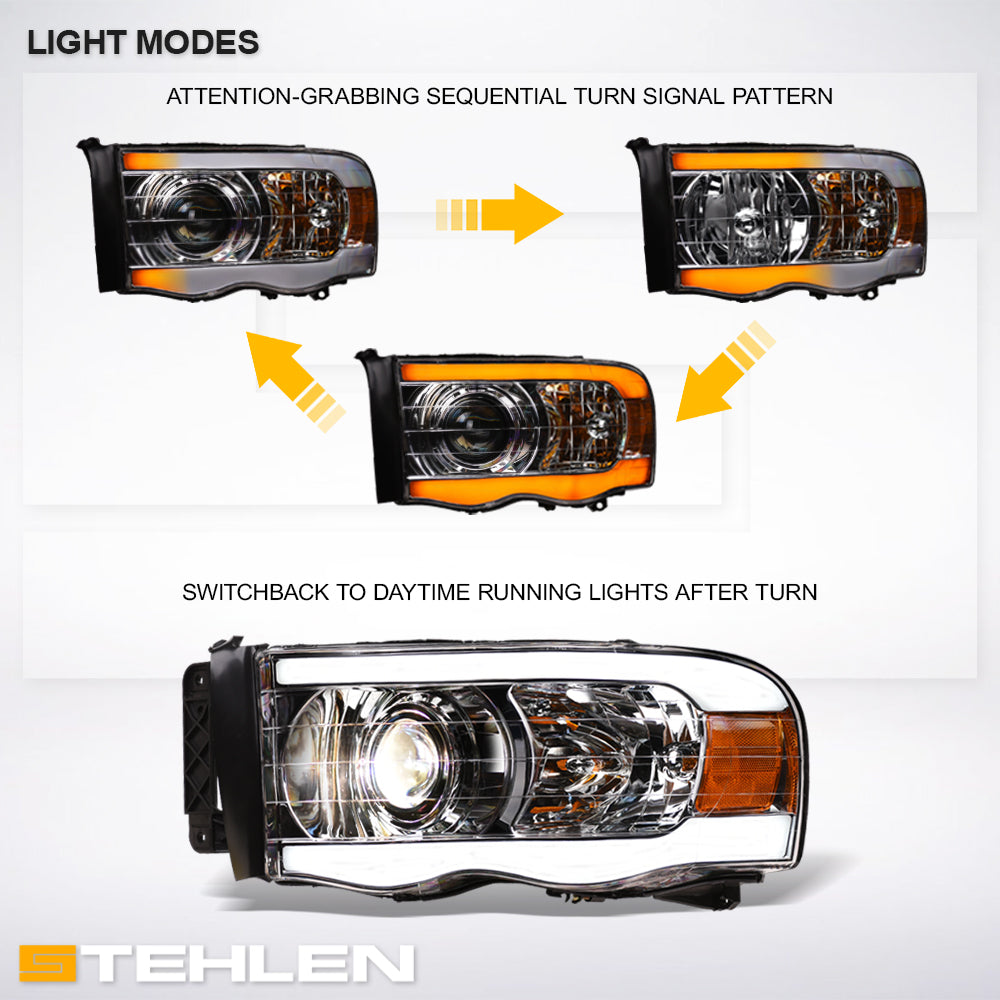 02-05 Dodge Ram Projector Headlights Sequential LED Turn Signal Chrome