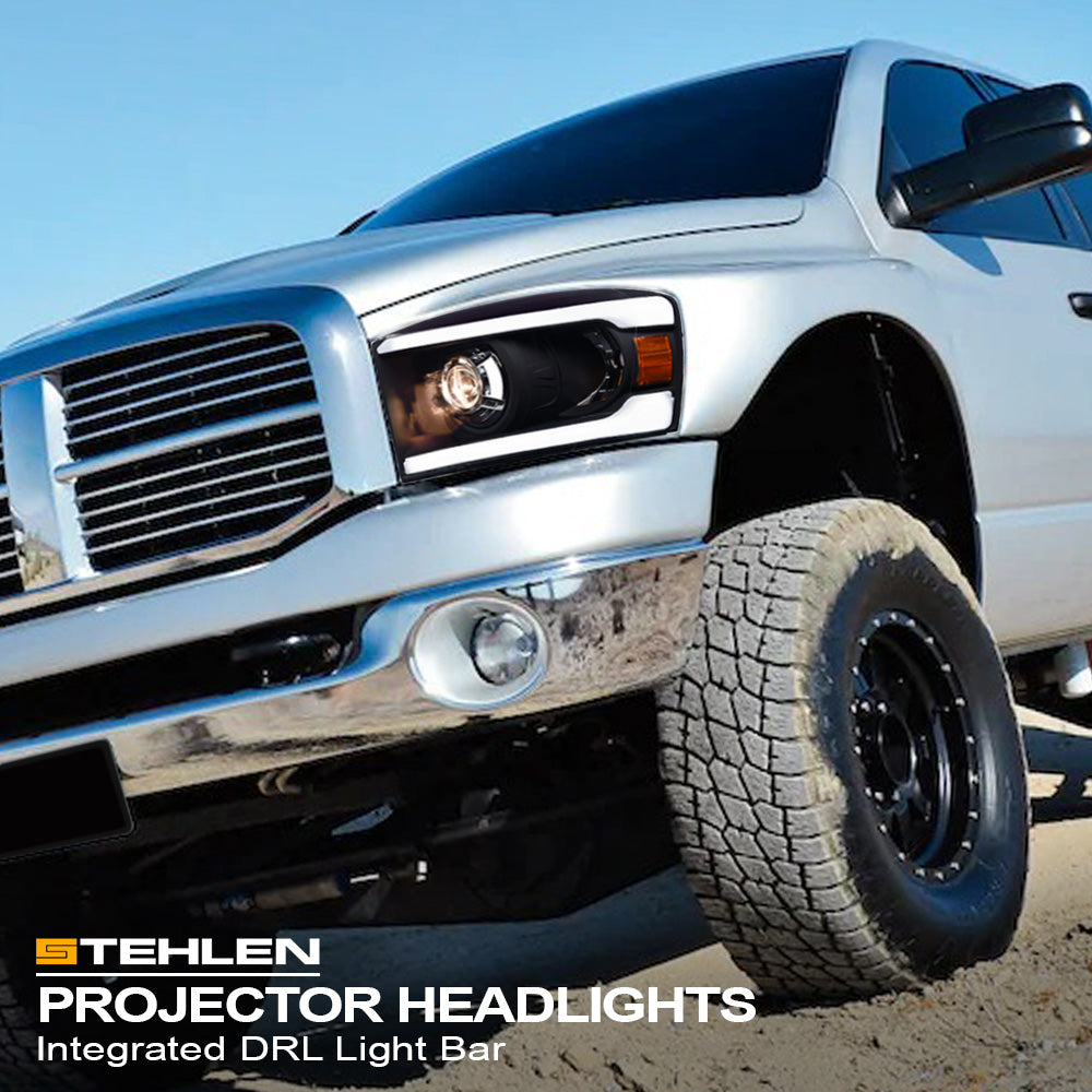 06-08 Dodge Ram Black Projector Headlights w/ LED Light Bar - Amber