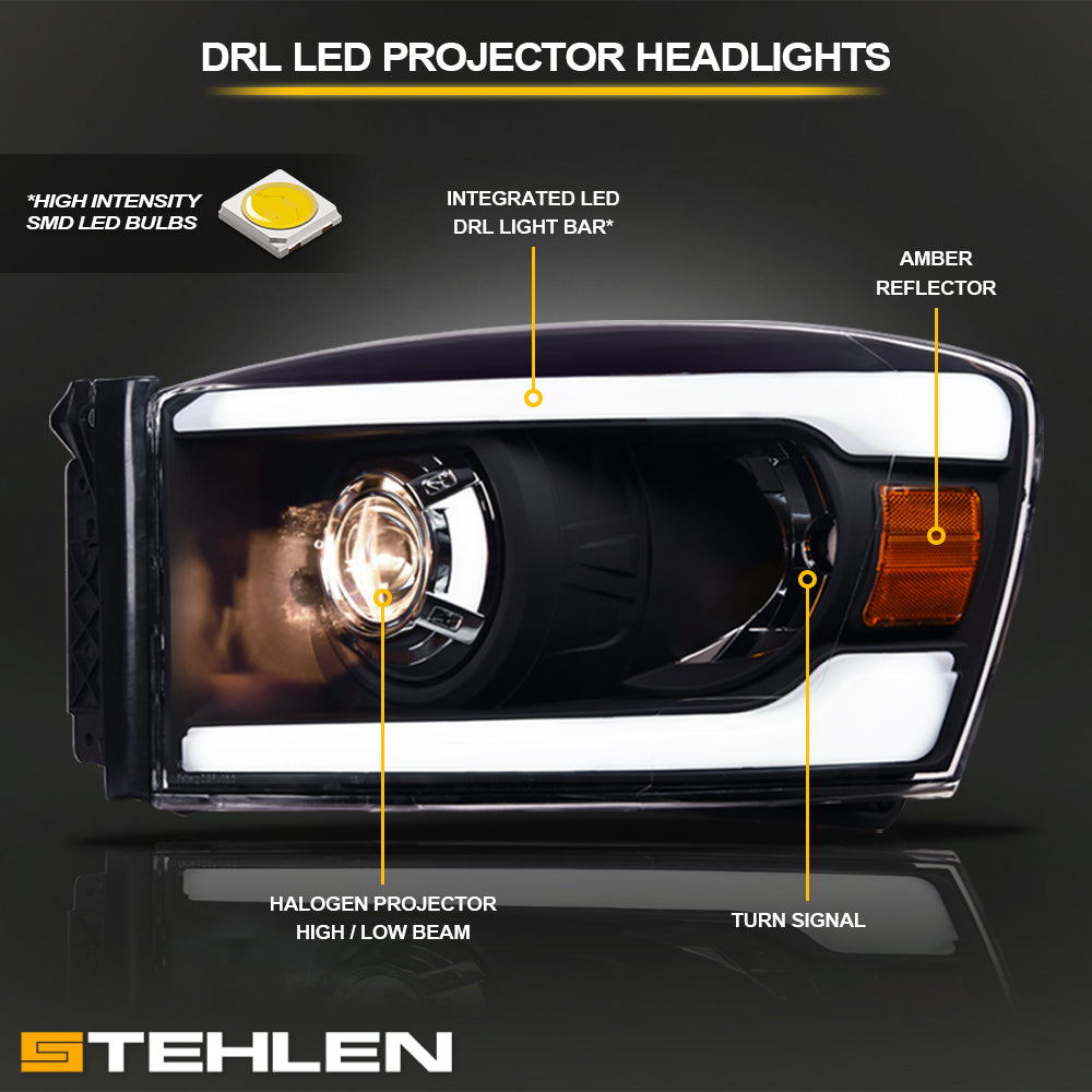 06-08 Dodge Ram Black Projector Headlights w/ LED Light Bar - Amber