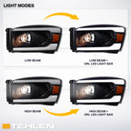 06-08 Dodge Ram Black Projector Headlights w/ LED Light Bar - Amber