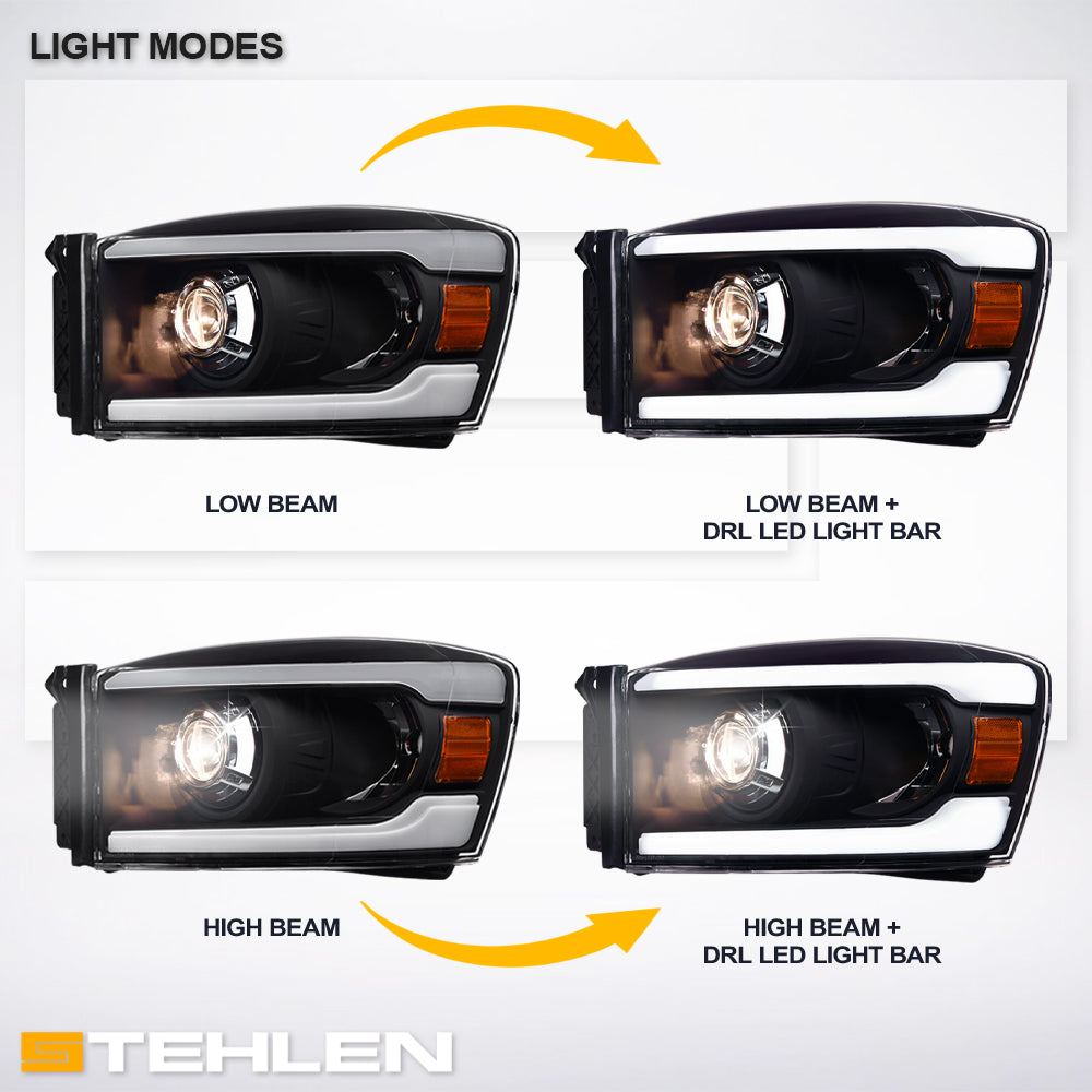 06-08 Dodge Ram Black Projector Headlights w/ LED Light Bar - Amber